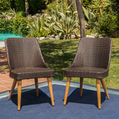 Desmond Outdoor Wicker Dining Chairs with Wood Finished Metal Legs (Set of 2)