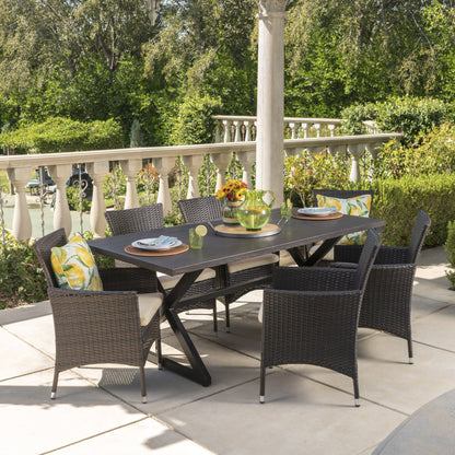 Dionlynn Outdoor 7 Piece Aluminum Dining Set with Wicker Dining Chairs