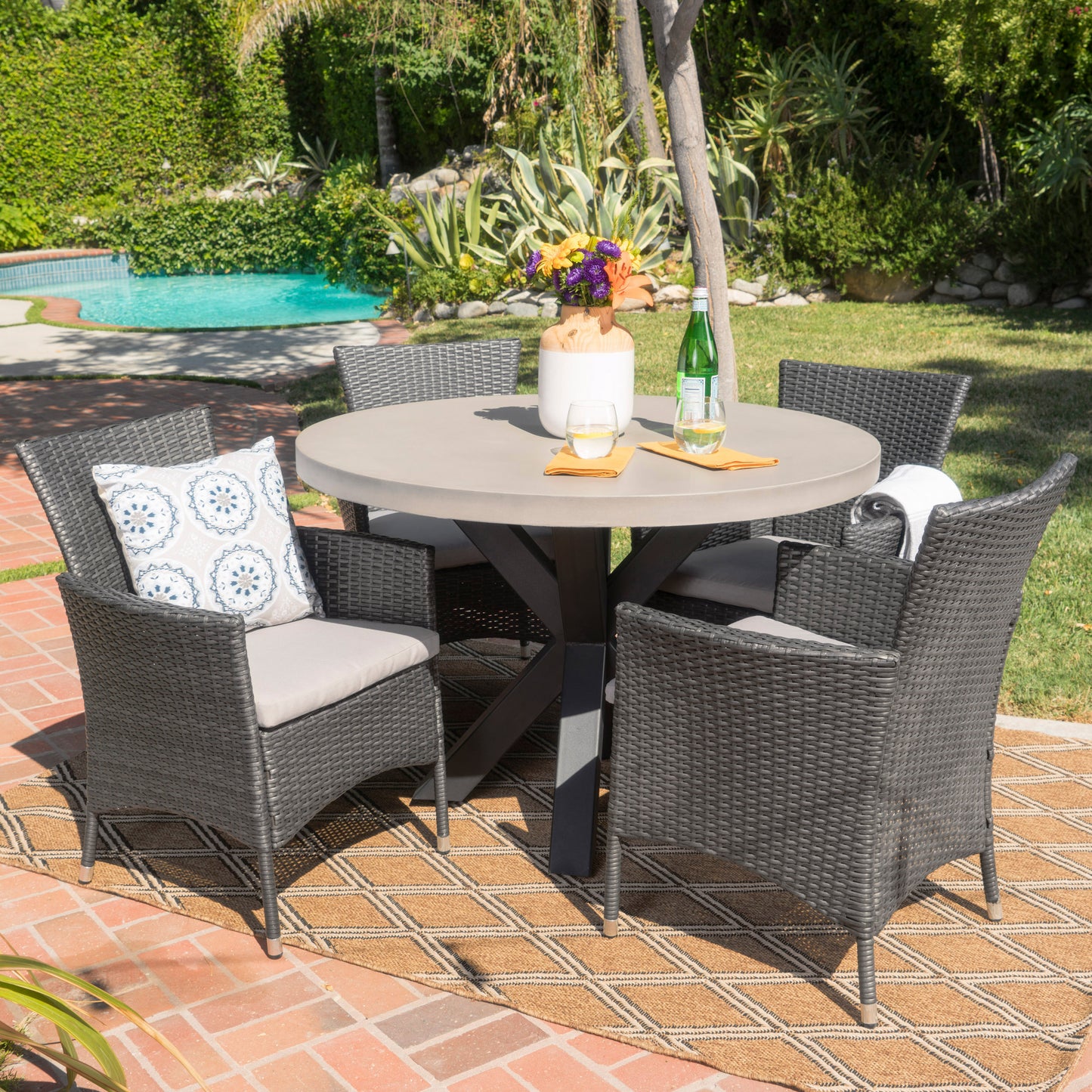 Sansai Outdoor Transitional 5 Piece Wicker Dining Set with Lightweight Concrete Table