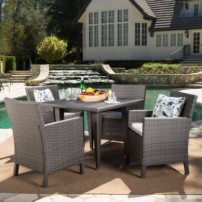 Cerrenne Outdoor 5 Piece Wicker Dining Set with Water Resistant Cushions