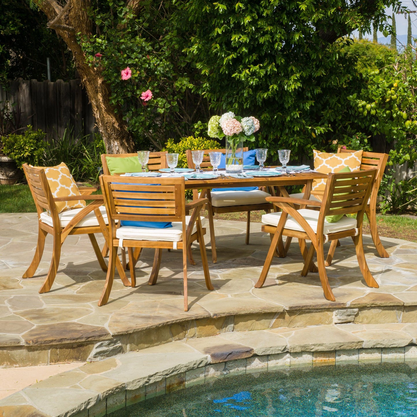 Coastside Outdoor Transitional 7-Piece Teak Acacia Wood Dining Set with Cushions