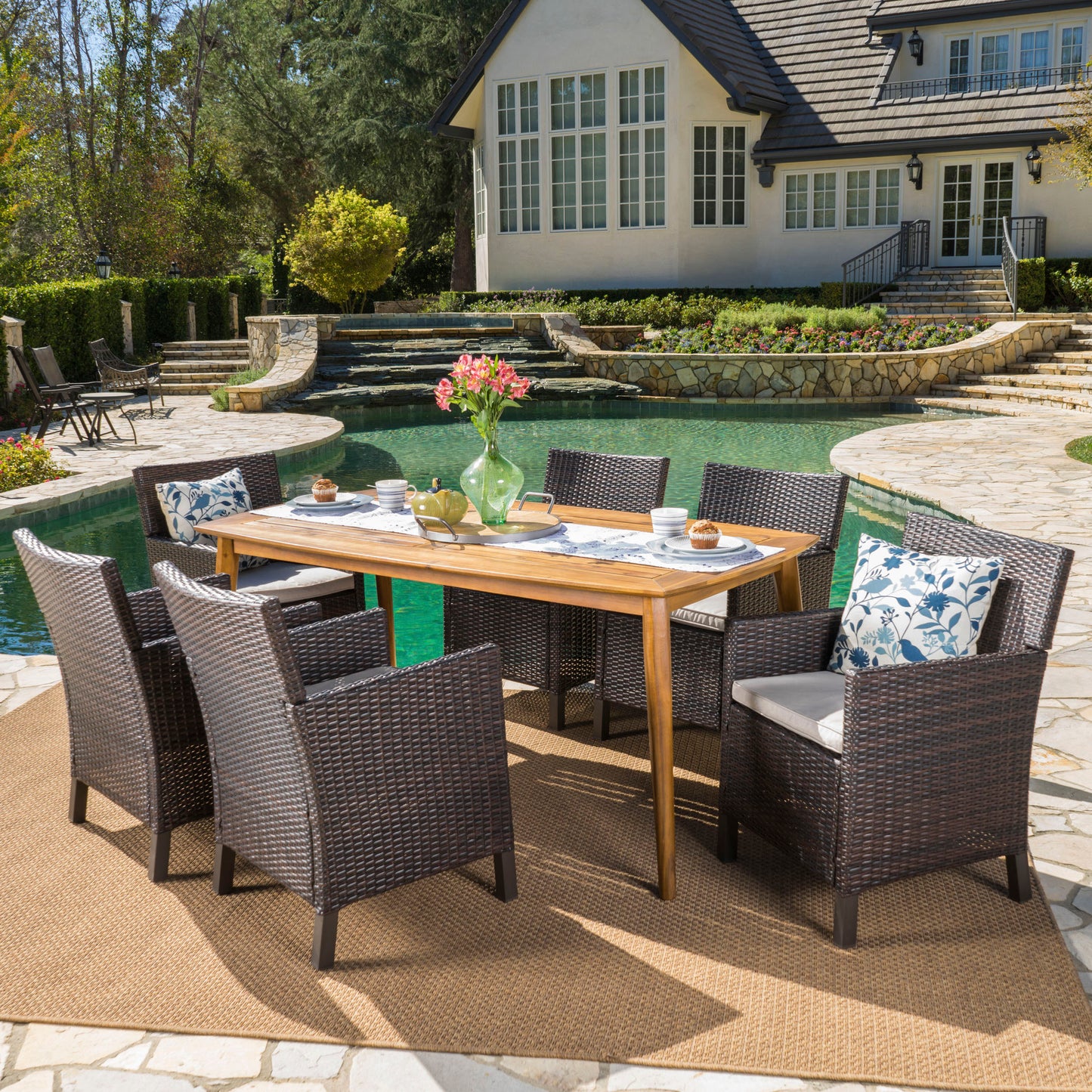 Reeves Outdoor 7 Piece Wicker Dining Set with Acacia Wood Table