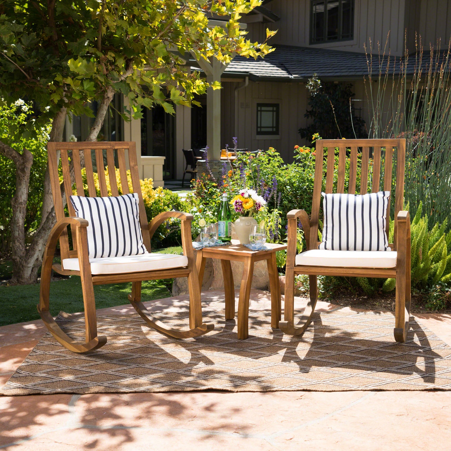 Cattan Outdoor Natural Stained Acacia Wood Rocking Chair Chat Set