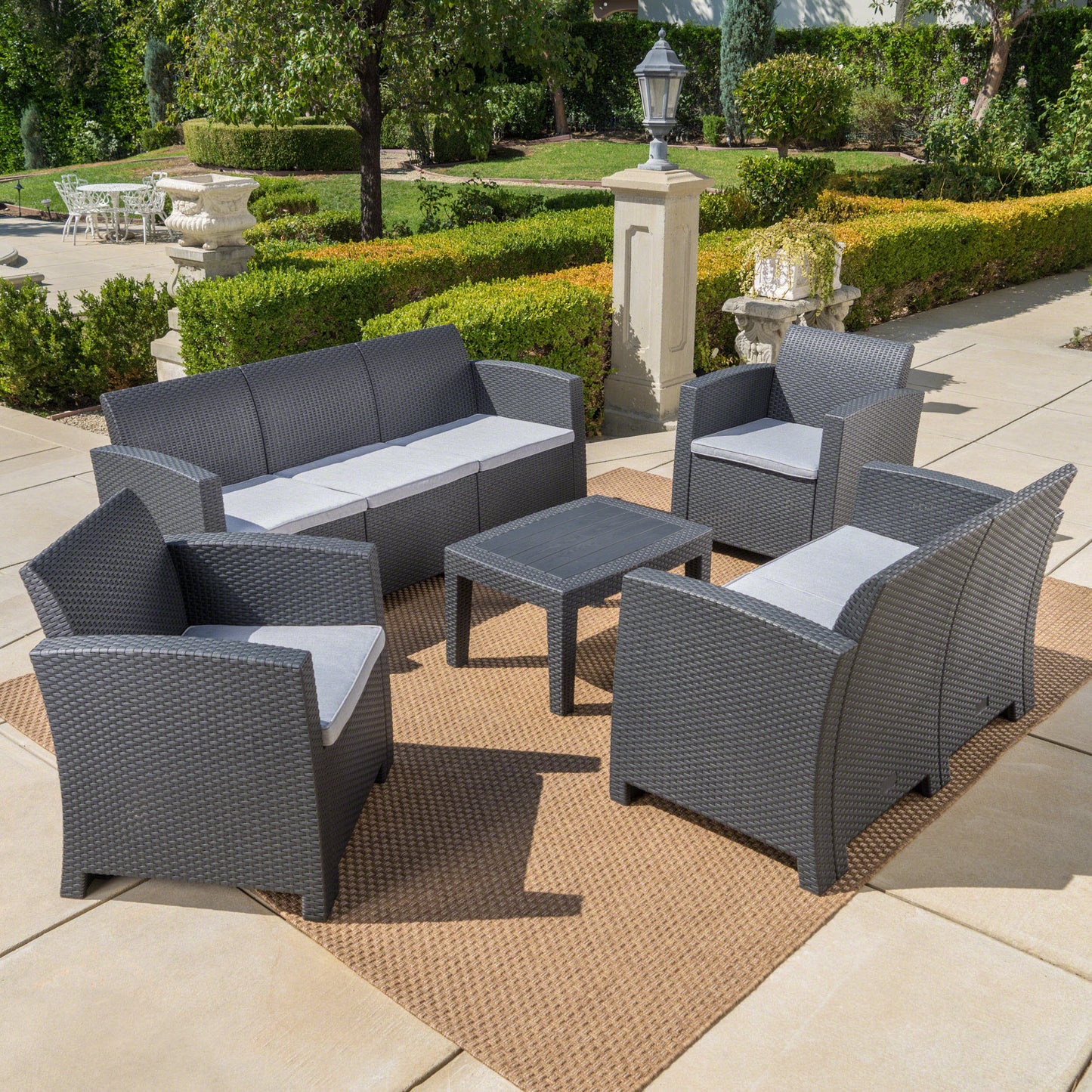 Dayton Outdoor 5 Piece Faux Wicker Rattan Chat Set with Sofa and Water Resistant Cushions