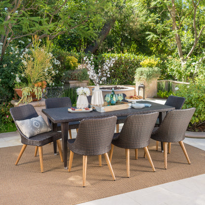 Jamey Outdoor 9 Piece Multi-brown Wicker Dining Set with Wood Finished Metal Leg