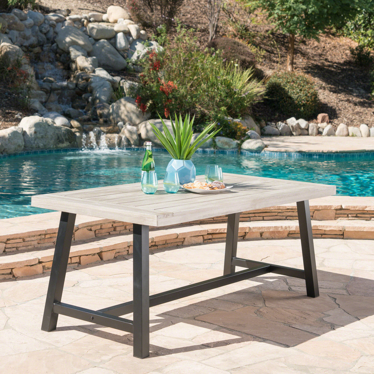 Bowman Outdoor Sandblast Finish Acacia Wood Dining Table with Metal Fi ...