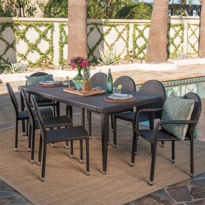 Antoinette Outdoor 9 Piece Multi-brown Wicker Dining Set with Stacking Chairs