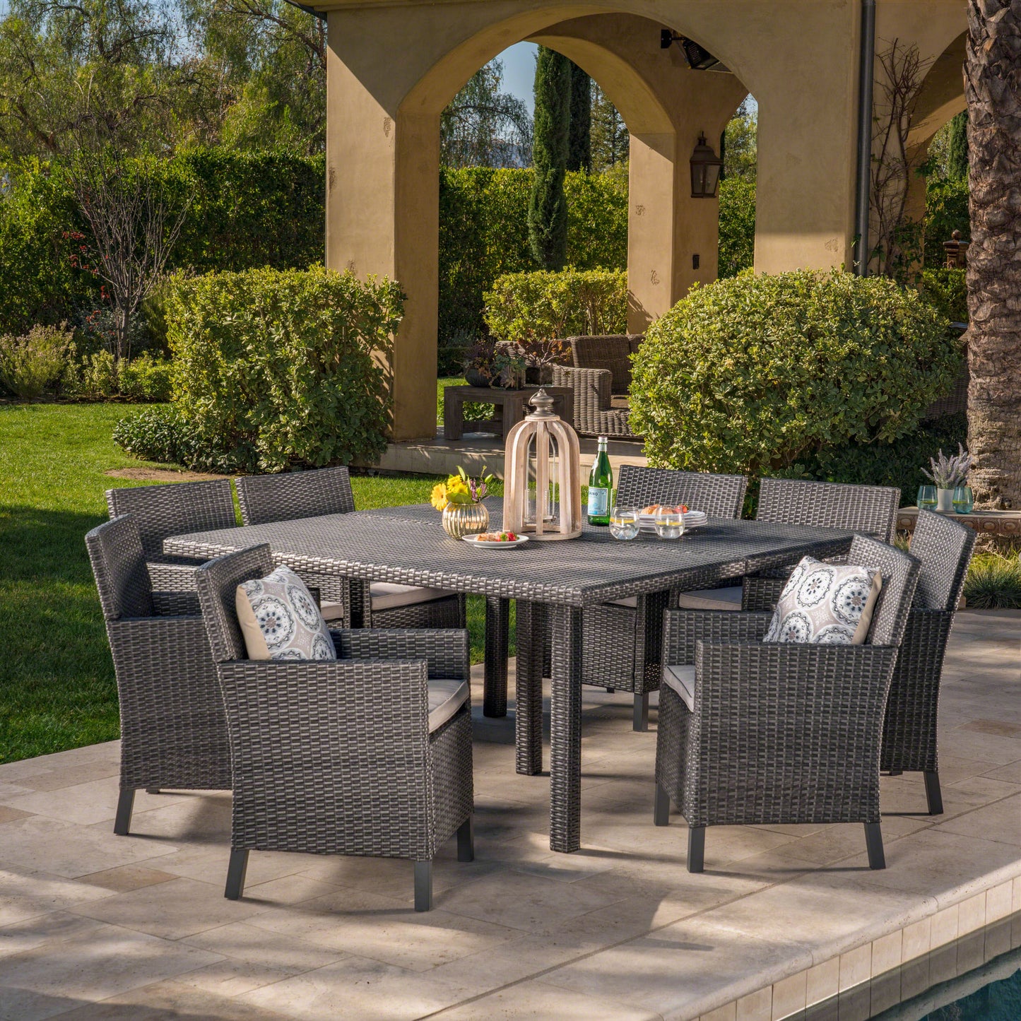 Winford Outdoor 9 Piece Wicker Dining Set with Water Resistant Cushions