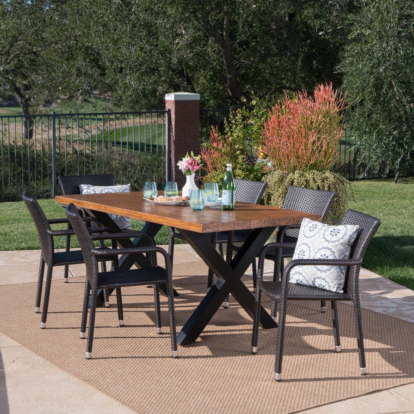 Truda Outdoor 7 Piece Wicker Dining Set with Light Weight Concrete Table