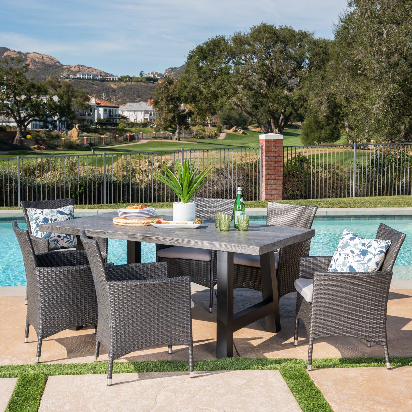Gina Outdoor 7 Piece Wicker Dining Set with Light Weight Concrete Table