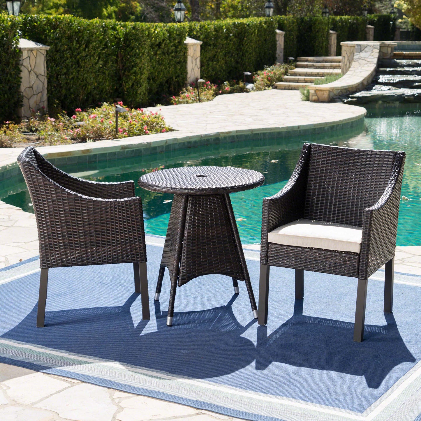 Frances Outdoor 3 Piece Multi-brown Wicker Round Dining Set