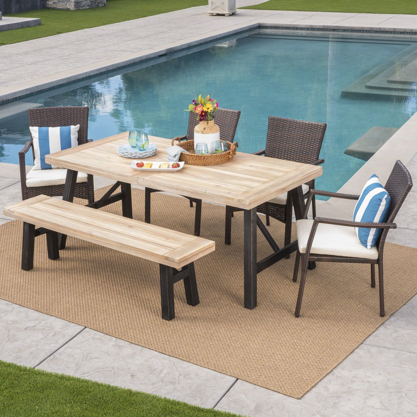 Hollister Outdoor 6 Piece Acacia Wood Dining Set with Wicker Dining Chairs