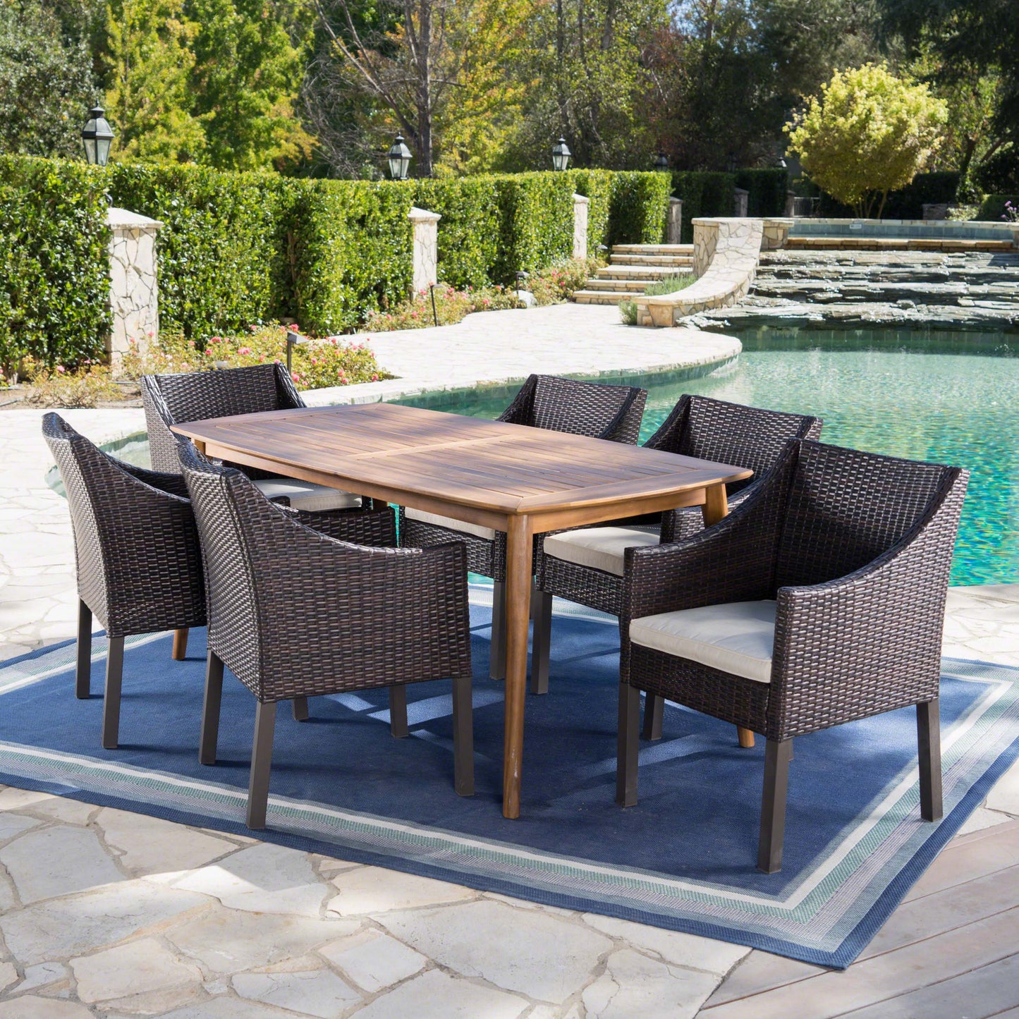 Kerk Outdoor 7 Piece Wicker Dining Set with Teak Finished Acacia Wood Table