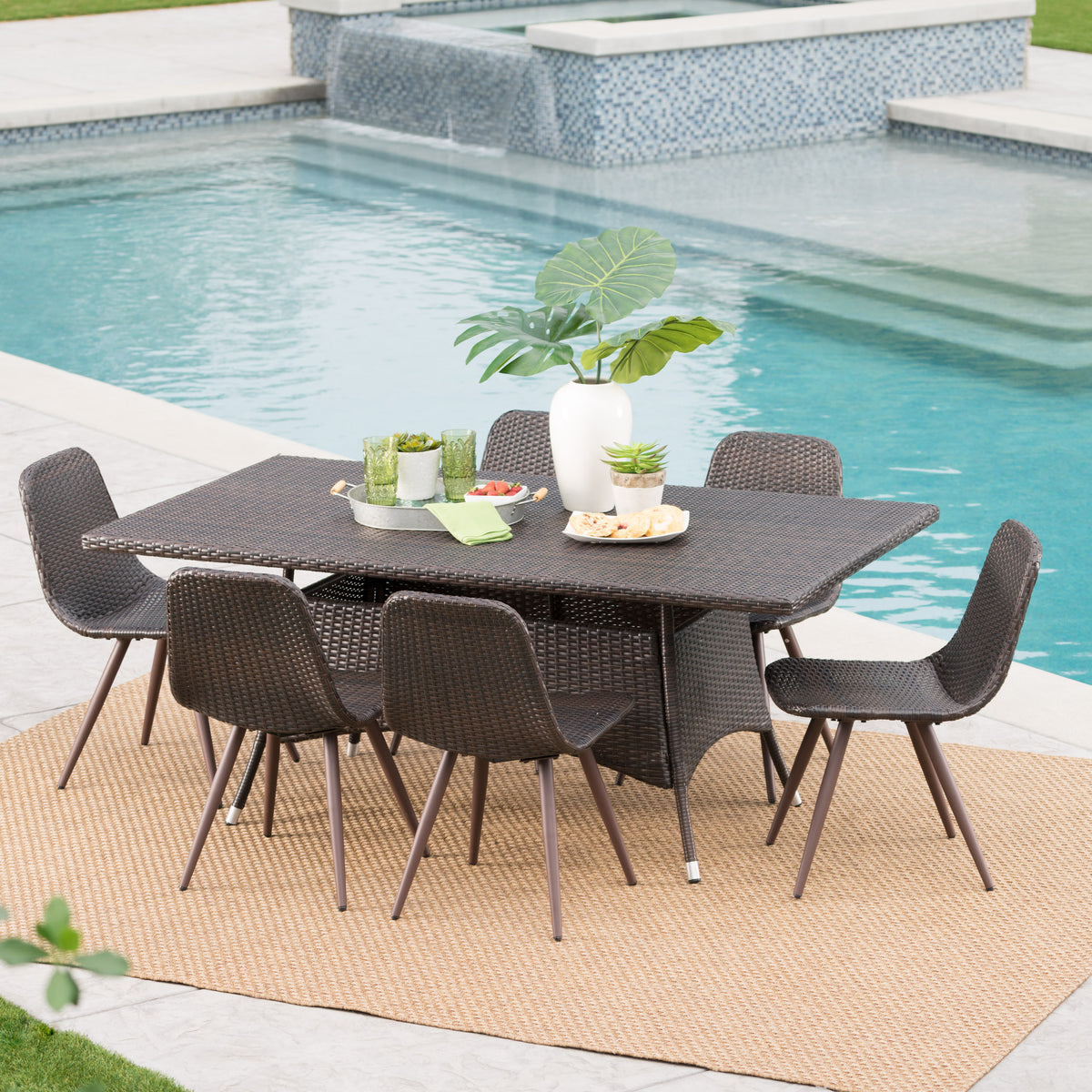 Hendrickson Outdoor 7 Piece Multi-brown Wicker Rectangular Dining Set ...