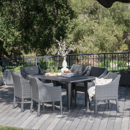 Alanna Outdoor 7 Piece Gray Wicker Dining Set with Water Resistant Cushions