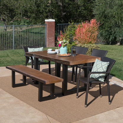 Zendaya Outdoor 6 Piece Wicker Dining Set with Light Weight Concrete Table and Bench