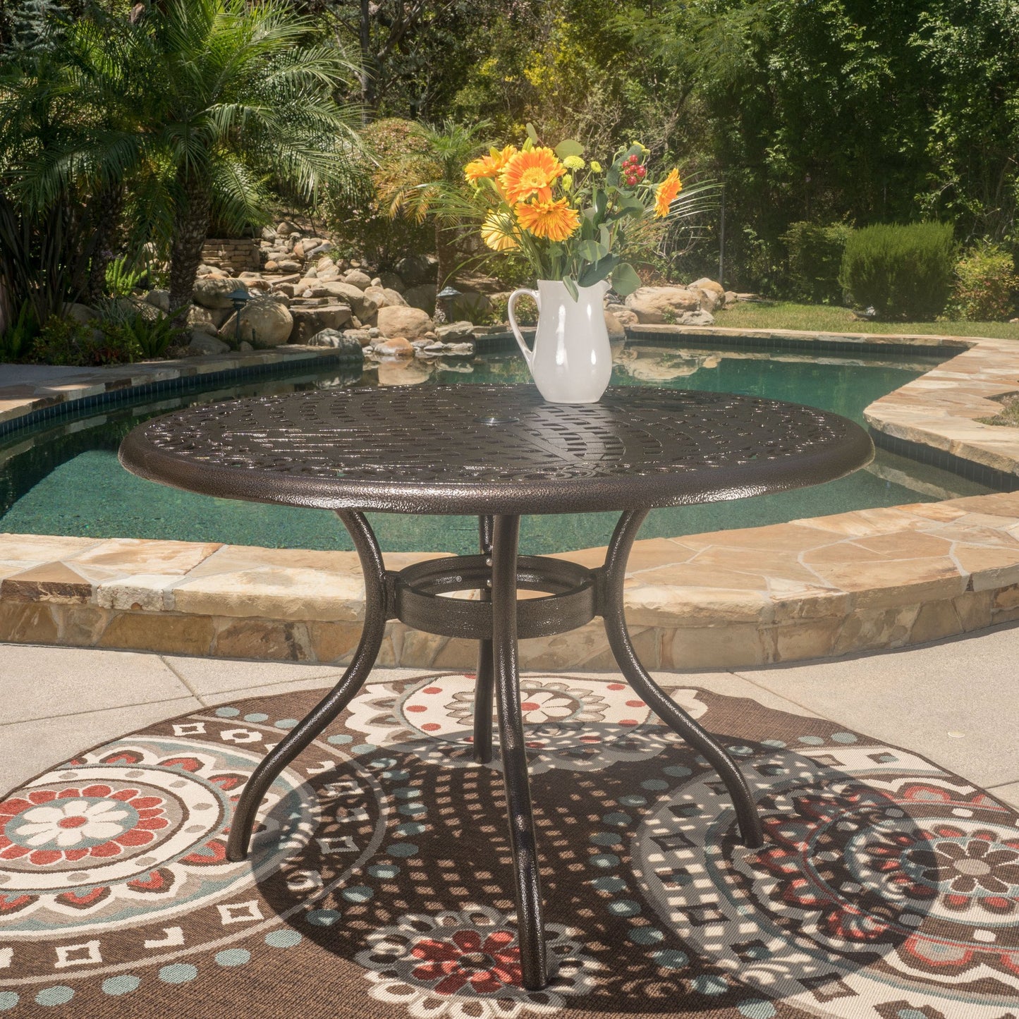 Kiawah Outdoor Circular Bronze Cast Aluminum Dining Table with Umbrella Hole