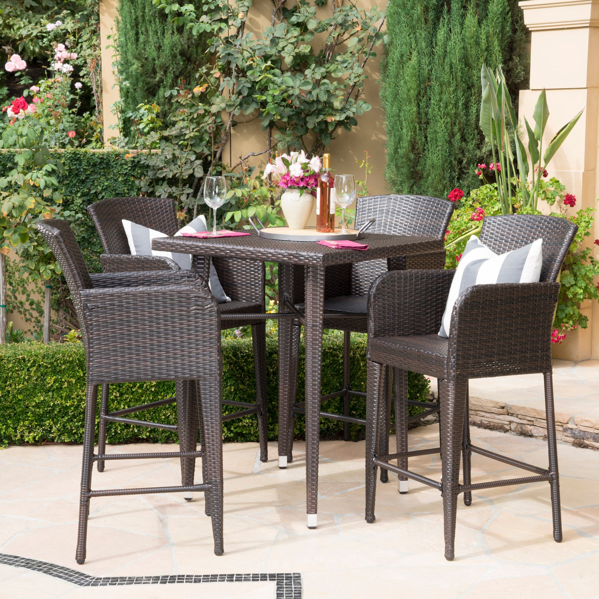 Landan Outdoor Piece Multi-brown Wicker Square Bar Table Set