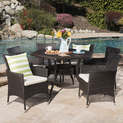Delilah Outdoor 7 Piece Wicker Hexagon Dining Set with Stacking Chairs