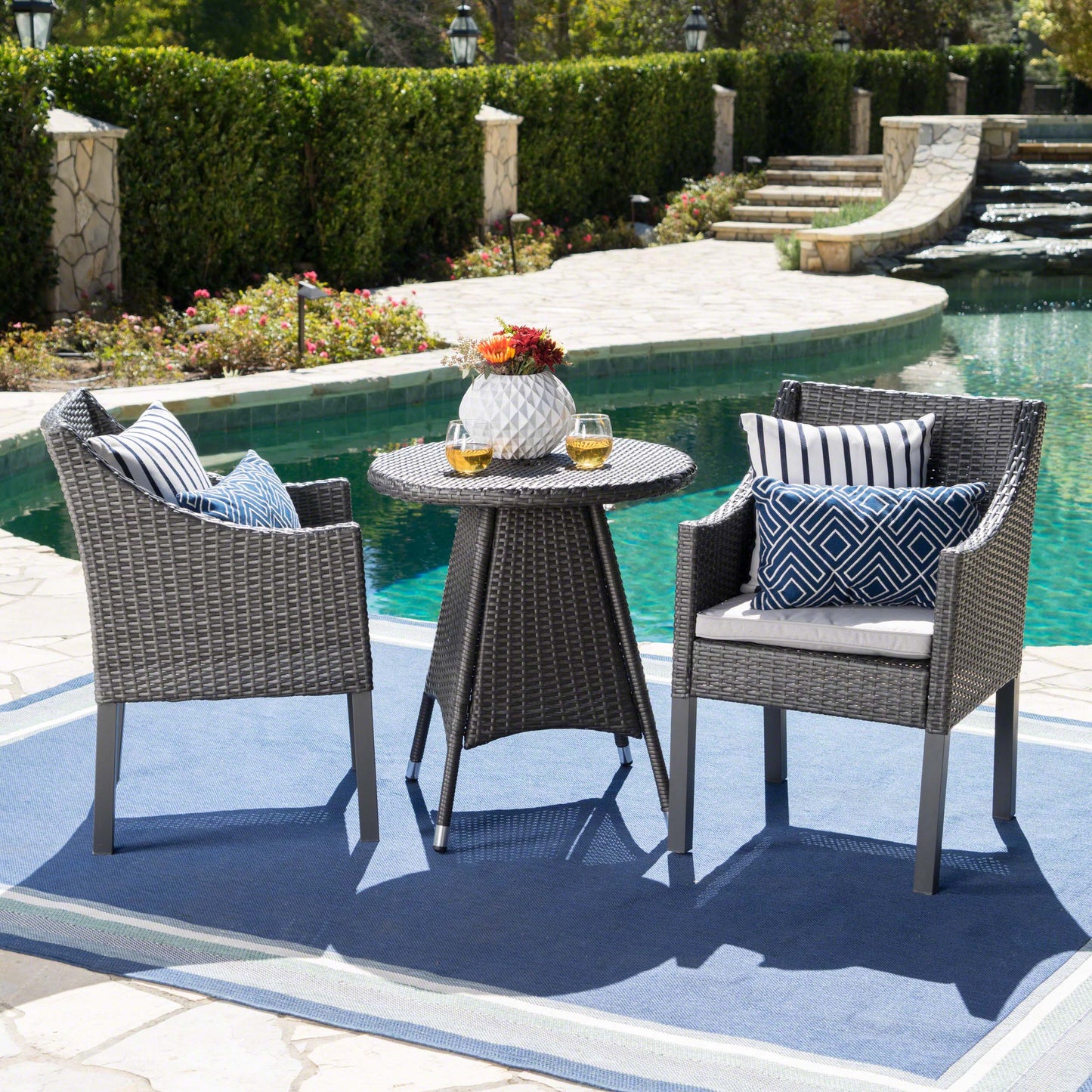 Frances Outdoor 3 Piece Wicker Dining Set with Water Resistant Cushions