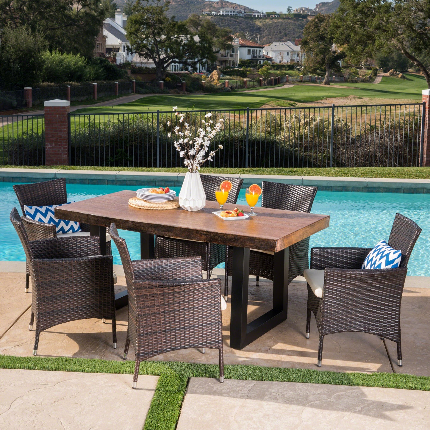 Louise Outdoor 7 Piece Multi-brown Wicker and Concrete Dining Set