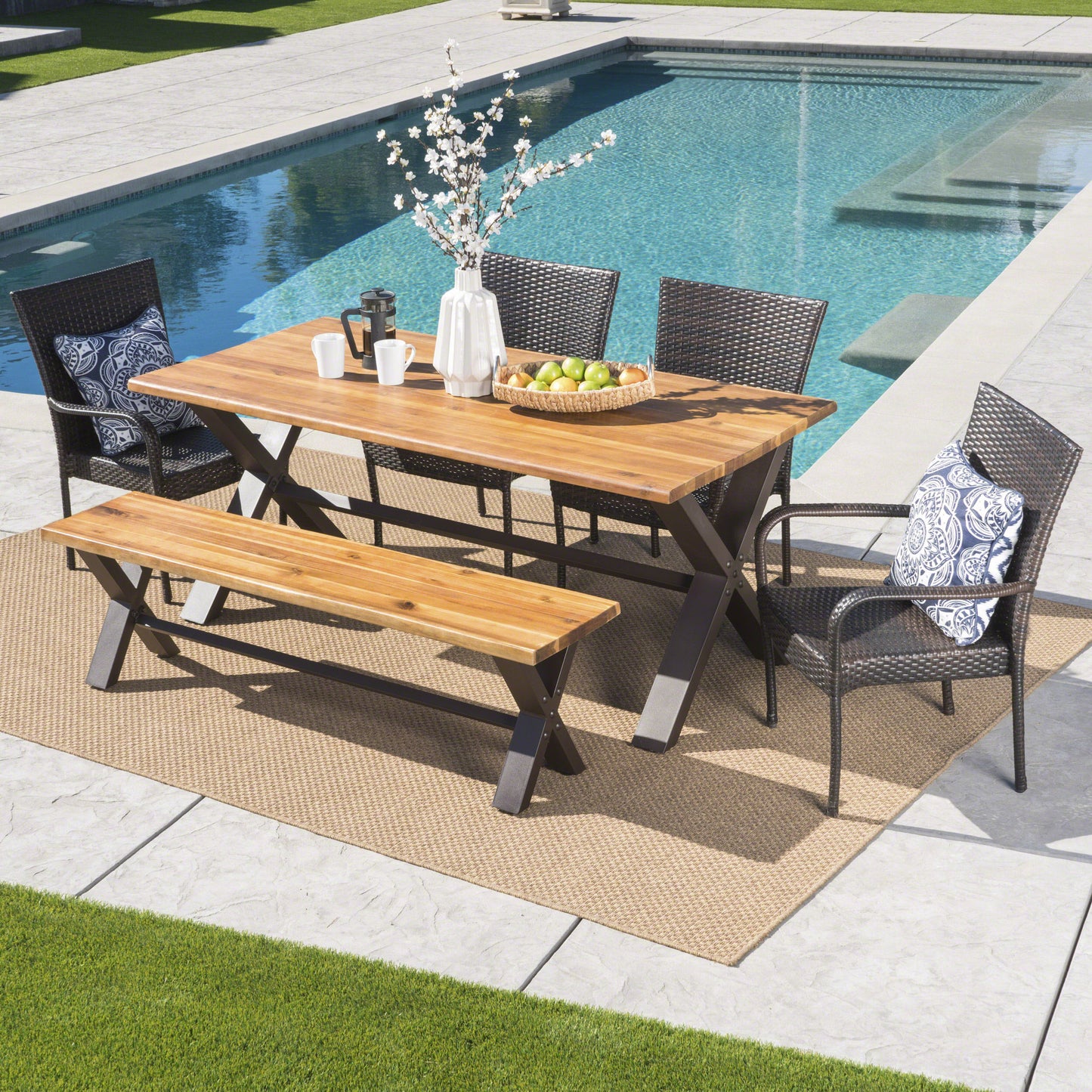 Bula Outdoor 6 Piece Acacia Wood Dining Set with Wicker Stacking Chairs
