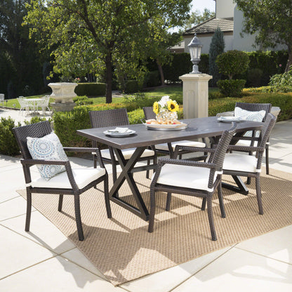 Alania Outdoor 7 Piece Aluminum Dining Set with Wicker Dining Chairs