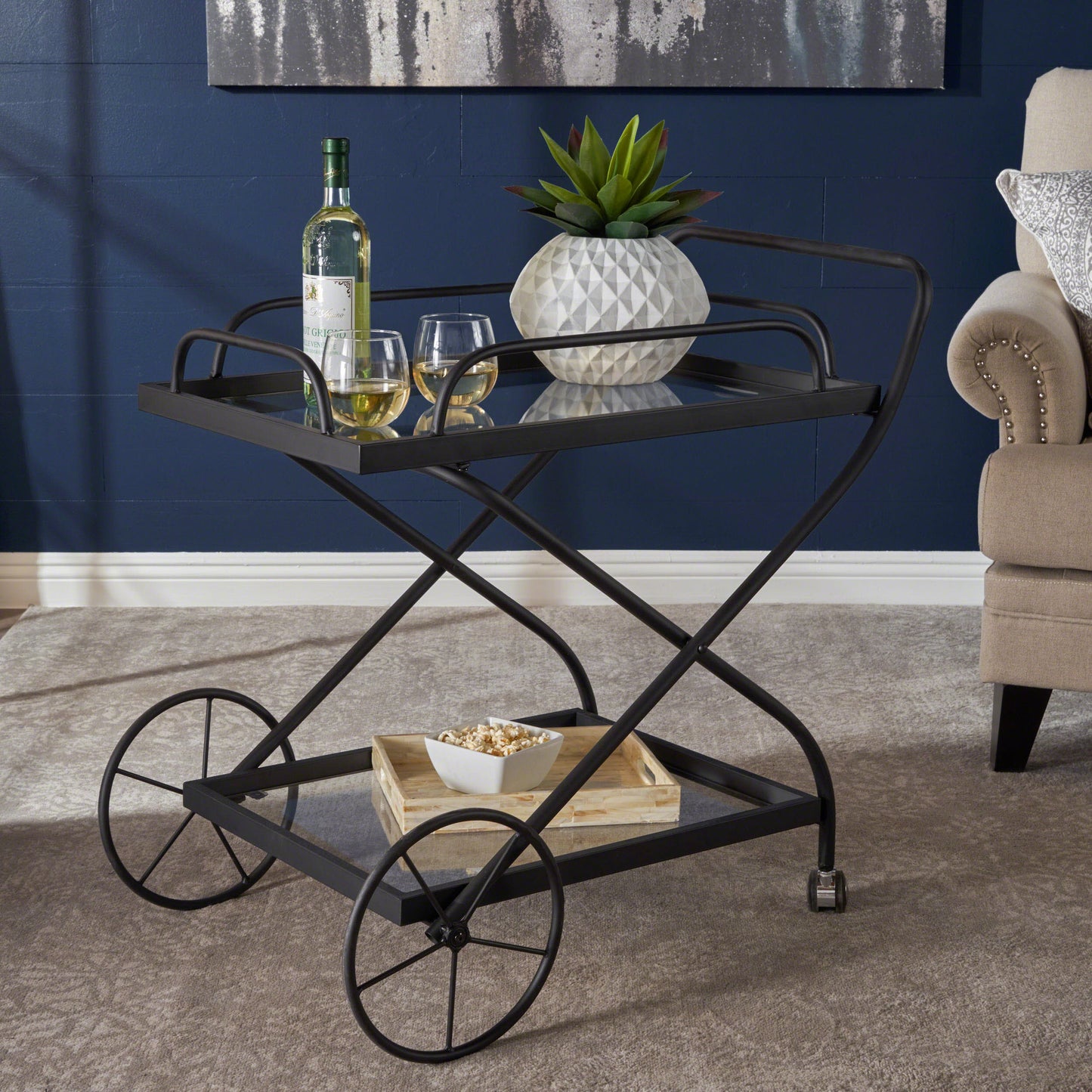 Presley Indoor Traditional Black Iron Bar Cart with Tempered Glass Shelves