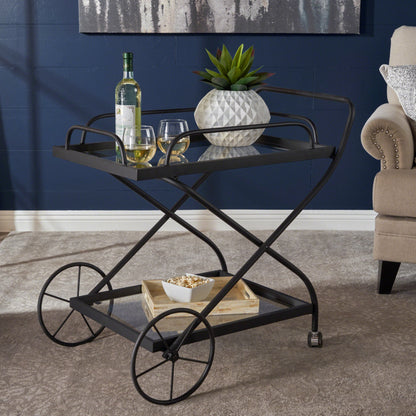 Presley Indoor Traditional Black Iron Bar Cart with Tempered Glass Shelves