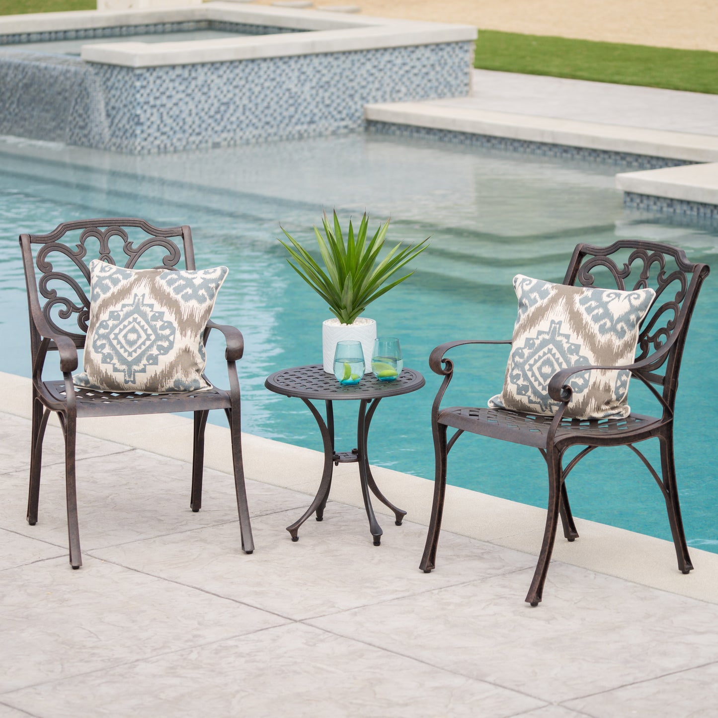 Louis Outdoor 3 Piece Bronze Finished Cast Aluminum Chat Set