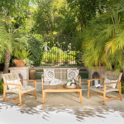 Hunter Outdoor 4 Piece Wicker Chat Set with Natural Stained Acacia Wood Frame