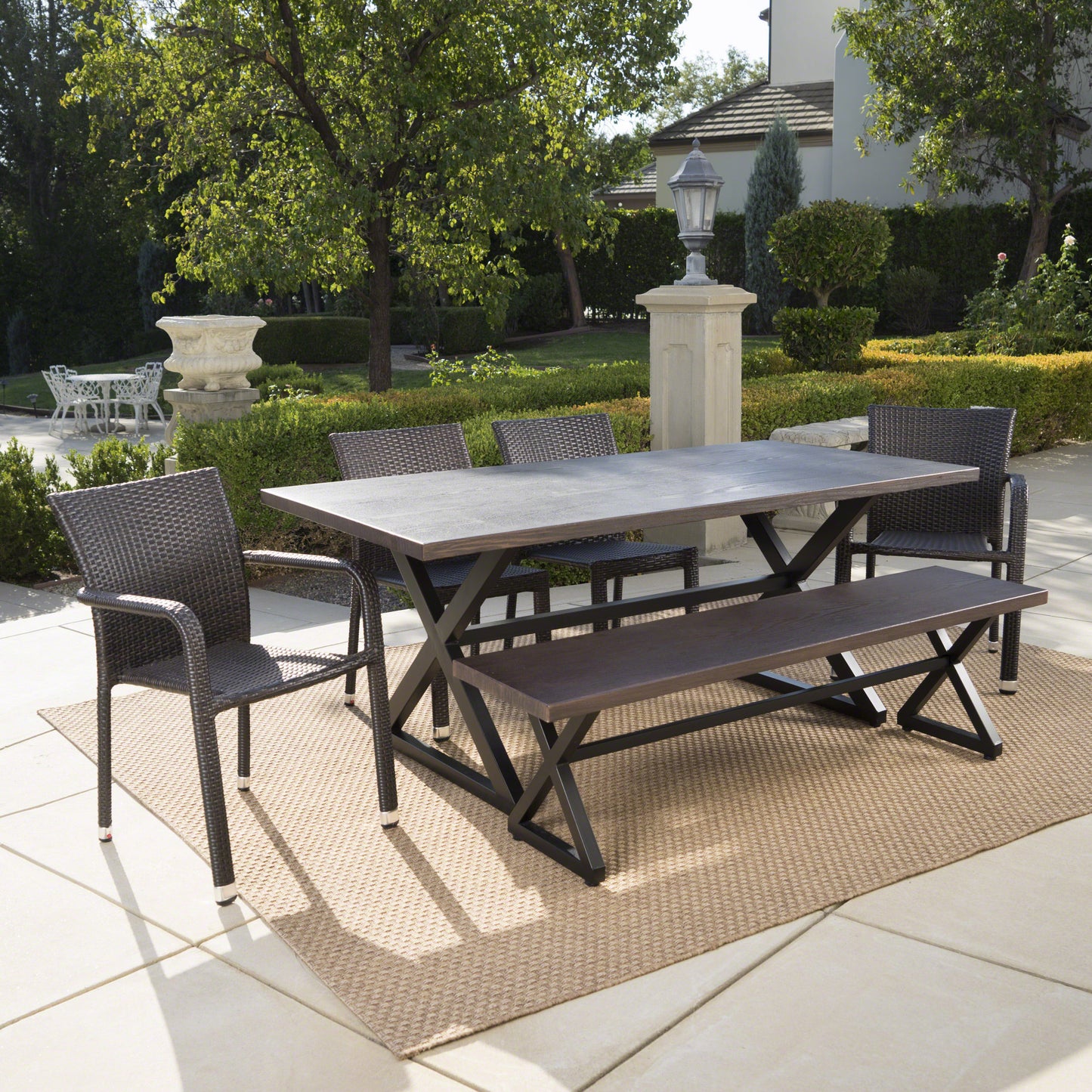 Lomit Outdoor 6 Piece Brown Aluminum Dining Set with Bench and Stacking Chairs