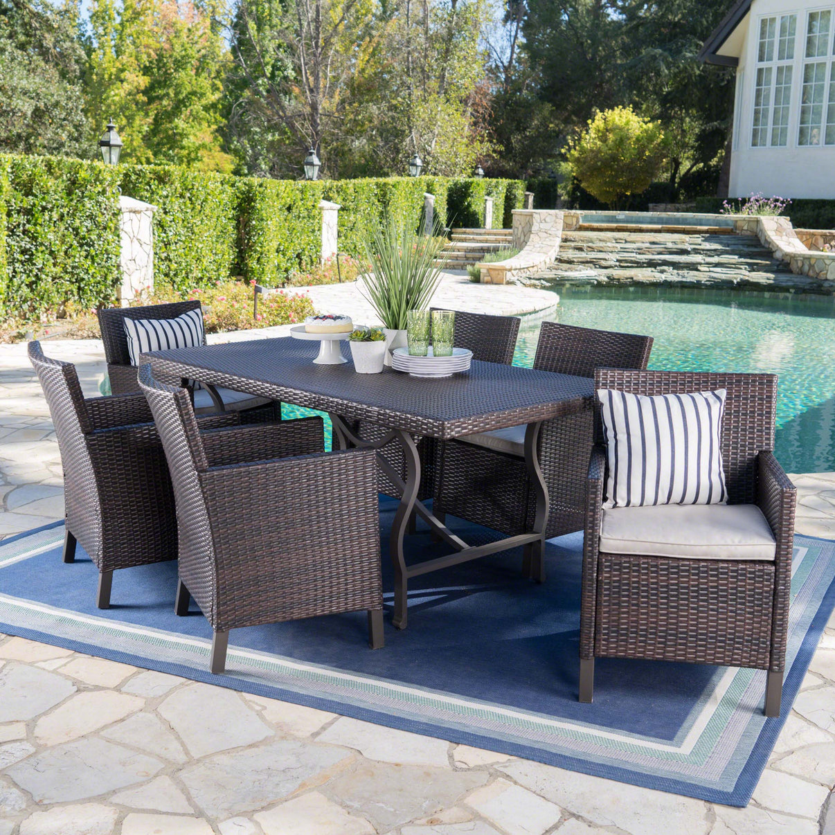 Arlone Outdoor 7 Piece Wicker Dining Set with Aluminum Framed Dining T ...