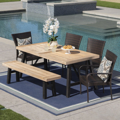 Porto Outdoor 6 Piece Acacia Wood Dining Set with Wicker Stacking Chairs