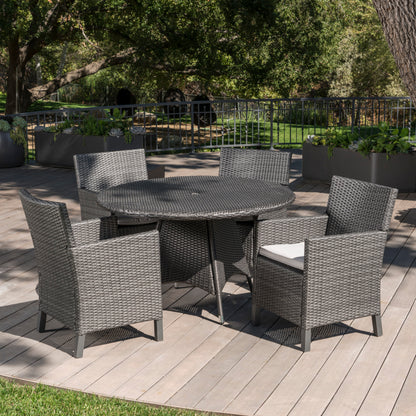 Cyril Outdoor 5 Piece Wicker Round Dining Set with Water Resistant Cushions