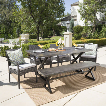 Sicily Outdoor 6 Piece Gray Aluminum Dining Set with Bench and Gray Wicker Dining Chairs