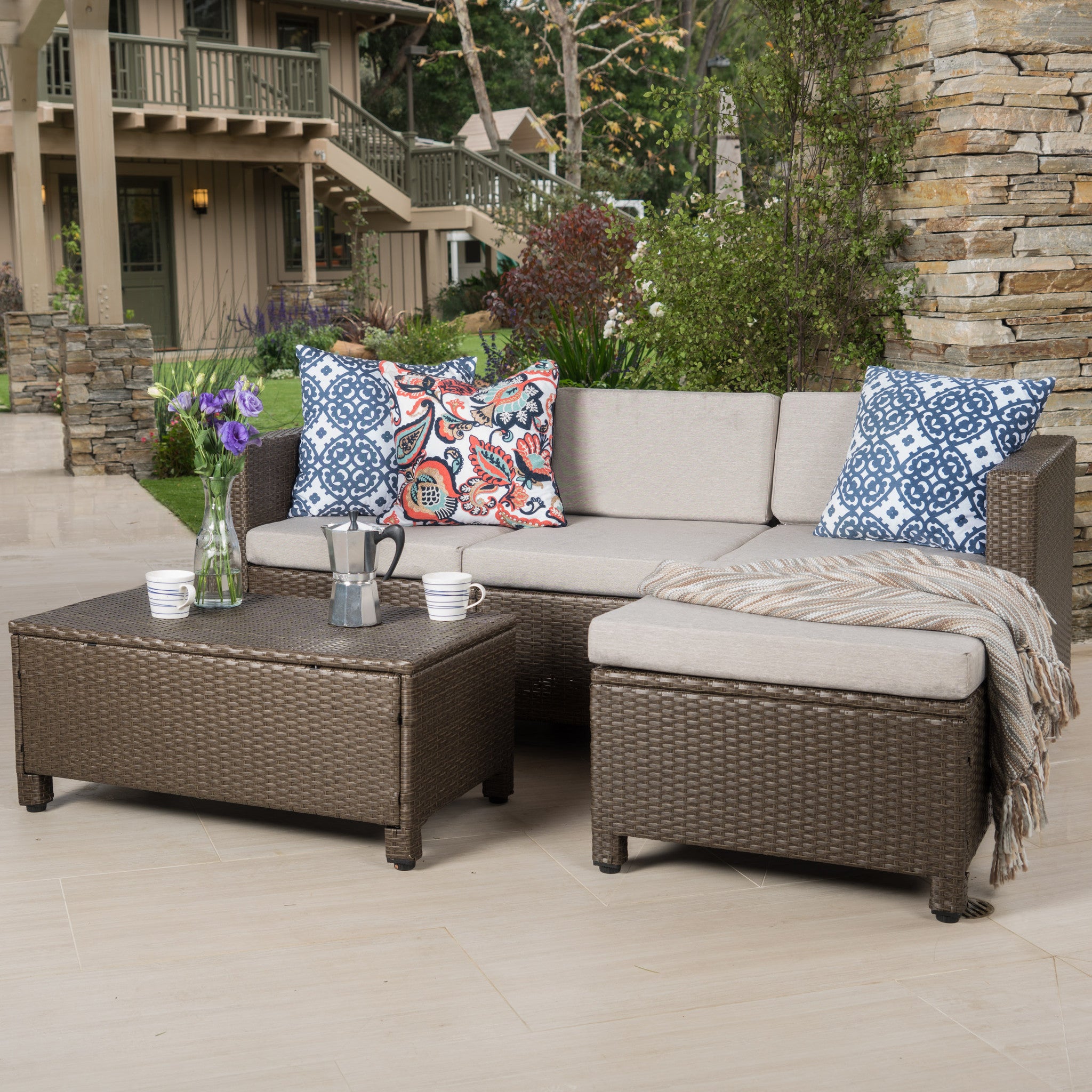 Budva Outdoor L shape Brown Wicker Sofa w Ceramic Gray Cushions