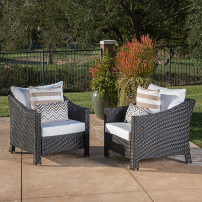 Dione Outdoor Black Wicker Club Chairs with White Water Resistant Cushions