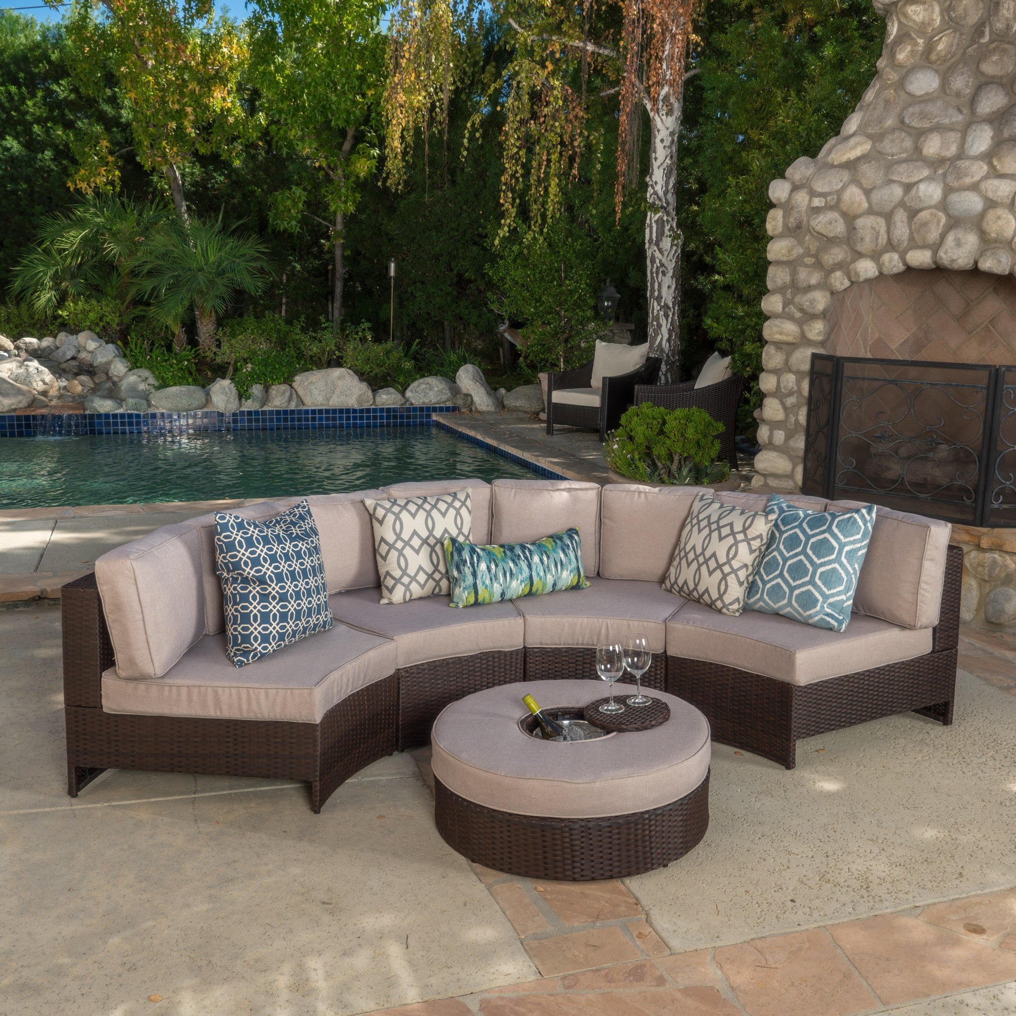 Riviera 5pc Outdoor Sectional Sofa Set w Ice Bucket Ottoman GDFStudio