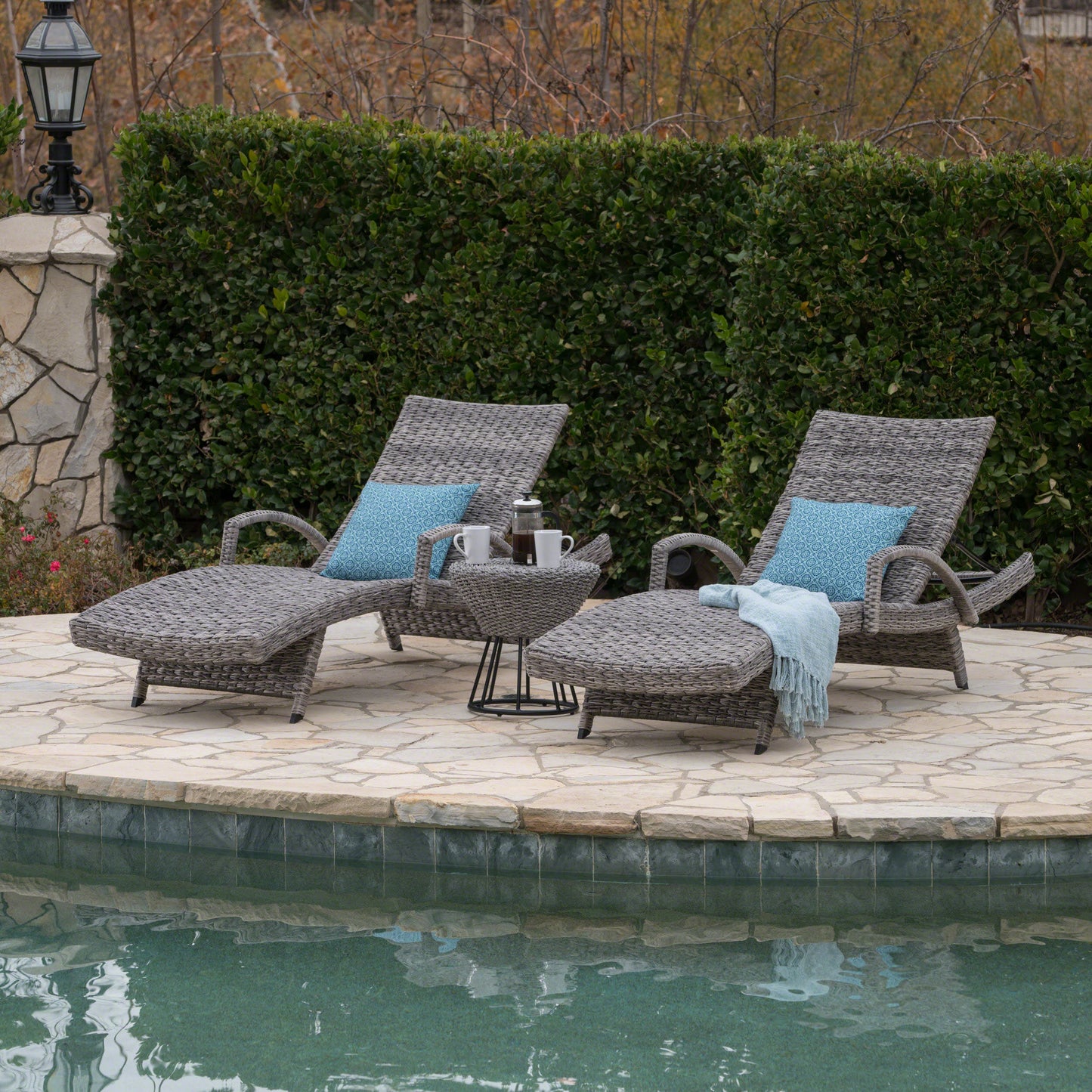 Keira Outdoor 3 Piece Gray Wicker Armed Chaise Lounges with Side Table