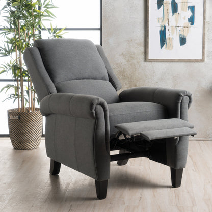 Harrah Charcoal Fabric Upholstered Push-Back Recliner with Scrolled Arms