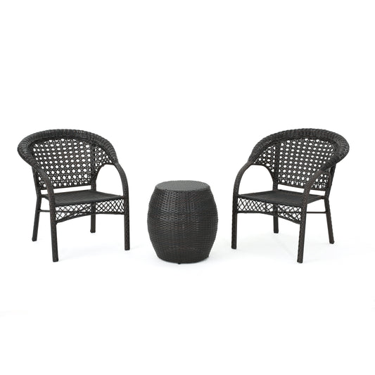 Lester Outdoor 3-Piece Multi-Brown Wicker Chat Set with Drum Table