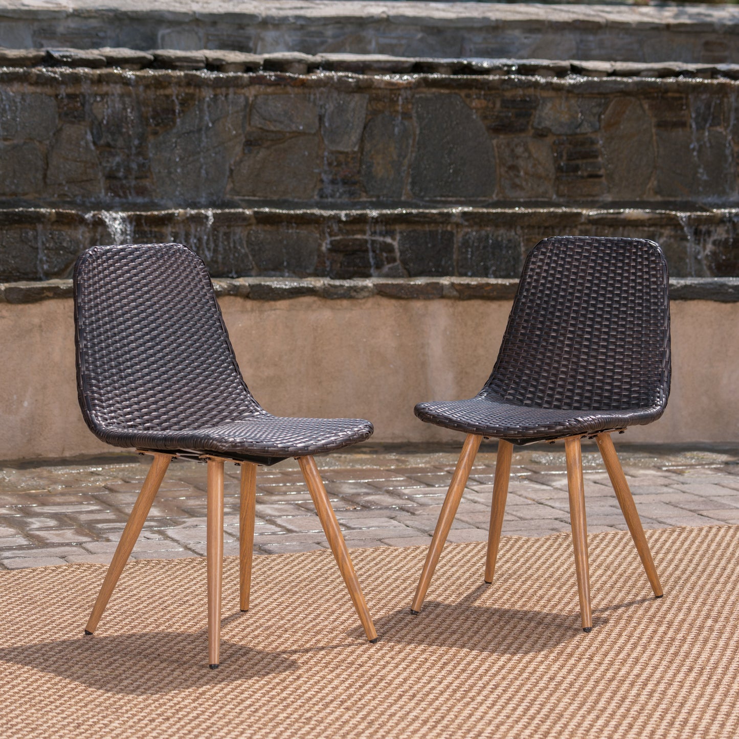 Gilda Outdoor Multi-Brown Wicker Dining Chairs With Wood Finished Metal Legs