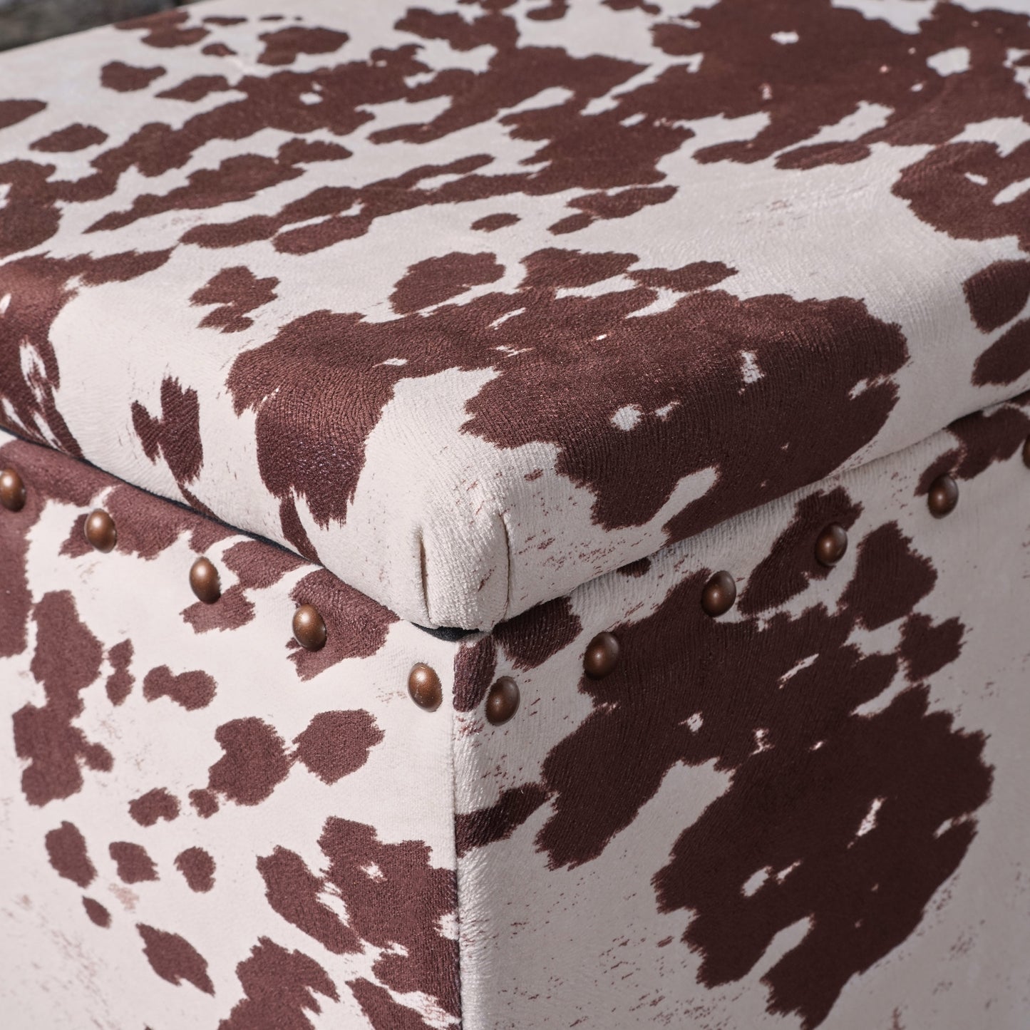 Tatiana Contemporary Velvet Storage Ottoman with Nailhead Trim, Milk Cow Pattern and Dark Brown