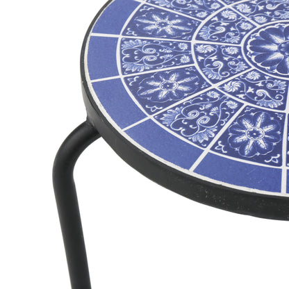 Soleil Outdoor Blue & White Ceramic Tile Iron Frame Side Table
