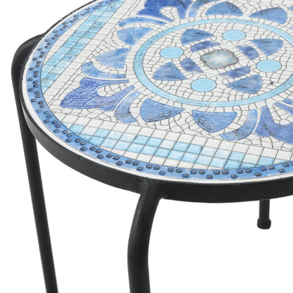 Sindarin Outdoor Blue & White Ceramic Tile Iron Frame Side Table