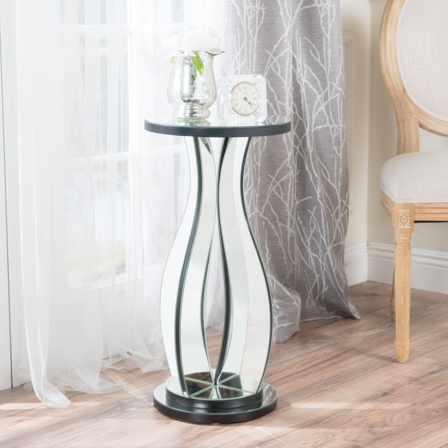 Tyne Modern Glam Curvy Mirror Accent Table with Circular Tabletop