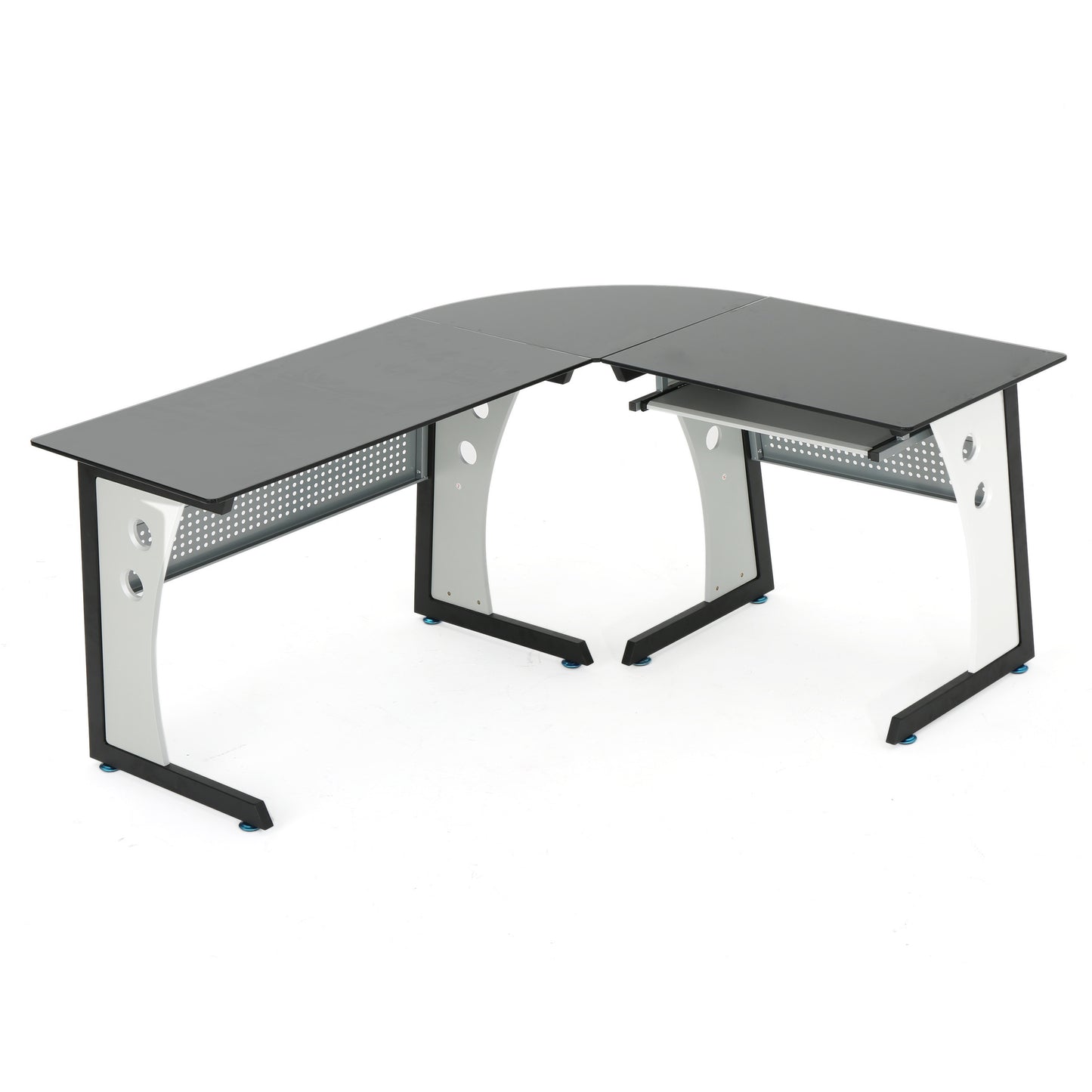 Orion Modern L-Shaped Black and Gray Iron Office Desk with Tempered Glass Top