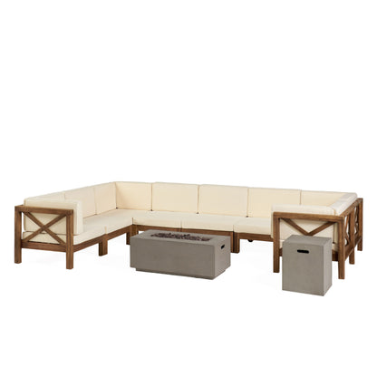 Cynthia Outdoor Acacia Wood 10-Piece U-Shaped Sectional Sofa Set with Fire Pit