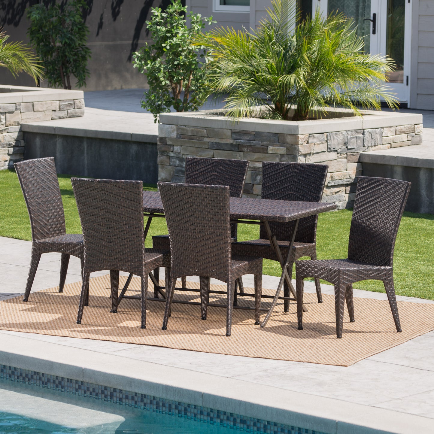 Adia Outdoor 7 Piece Multi-brown Wicker Dining Set with Foldable Table